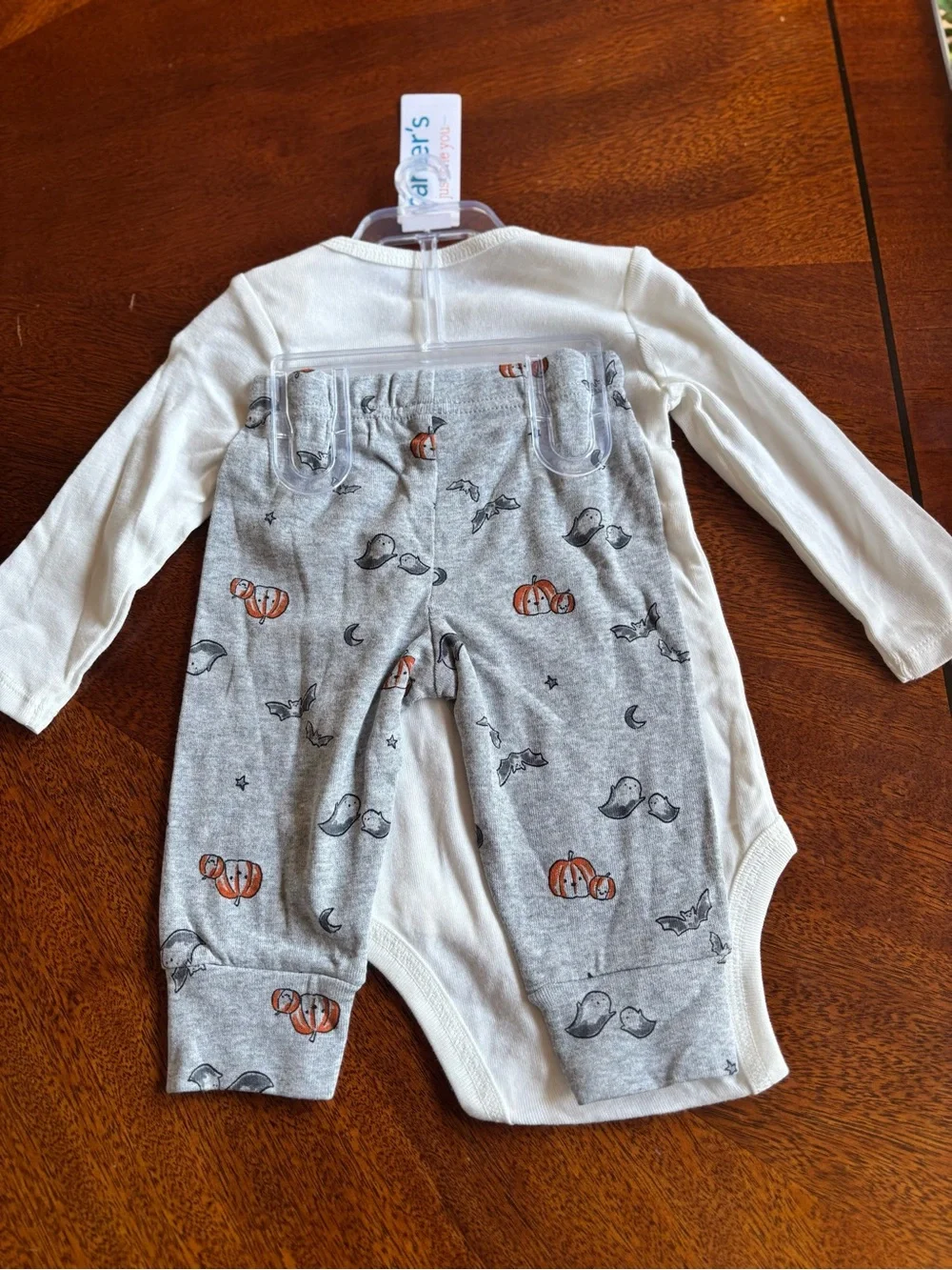 Carter's Cream and Gray Ghost-Print Long-Sleeve One-Piece Set